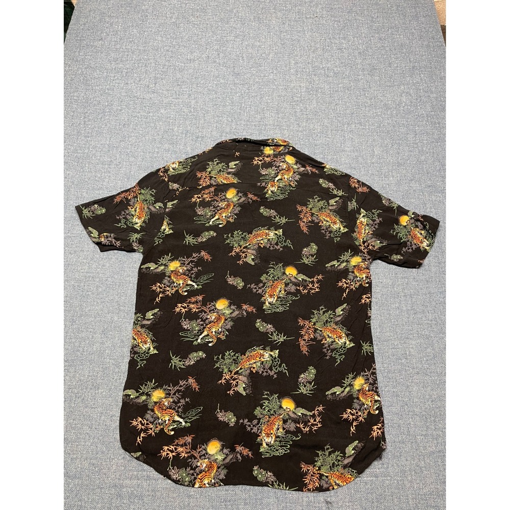 Carbon Mens Tiger Bamboo Print Short Sleeve Button Down Shirt Black Large - Picture 4 of 6